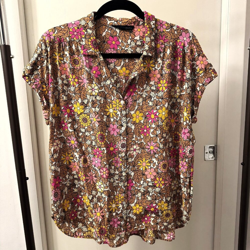 JANE and DELANCEY Floral Cap Short Sleeve Rayon Button Down Blouse Shirt size XL